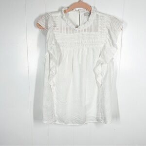 Loft White Striped Ruffle Cap Sleeve Top Medium Petite